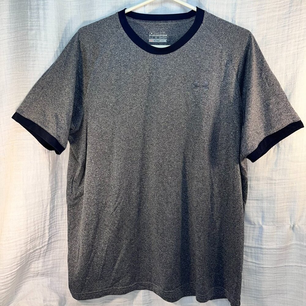 UNDER ARMOUR Mens XL Heat Gear Short Sleeve T-shirt - Navy Blue w/ Dark Trim